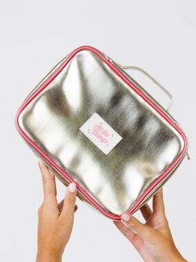 Metallic Gold Cosmetic Case with Pink Trim